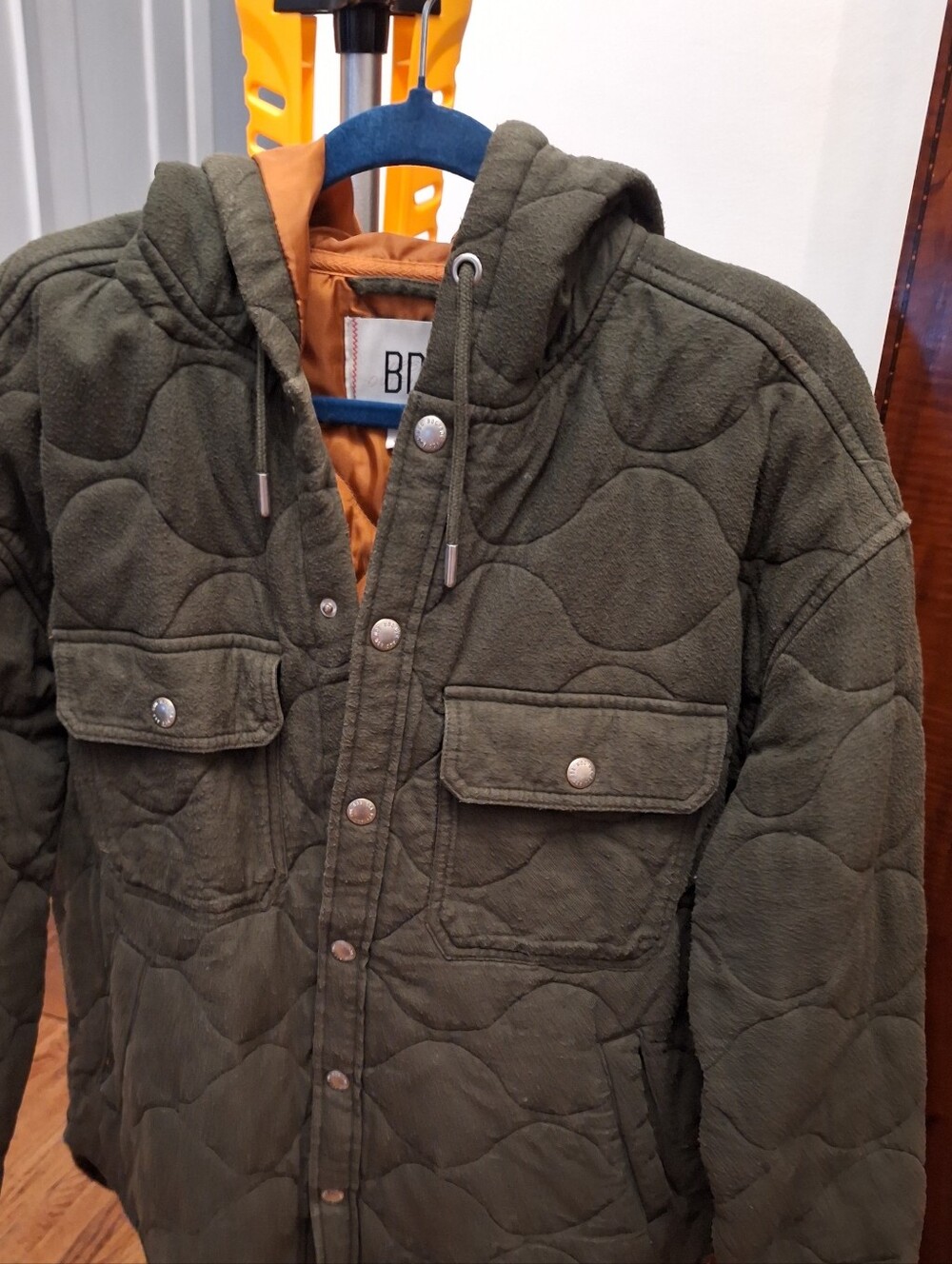 BDG Quilted Hooded Shirt Jacket in Olive